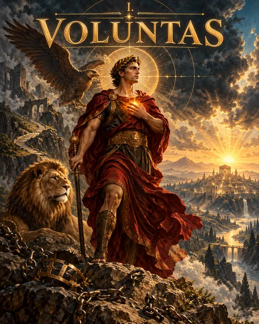 Római jellegű díszruhás férfialak, oroszlán, sas, hegyek és ragyogó arany betűkkel a Voluntas felirat.