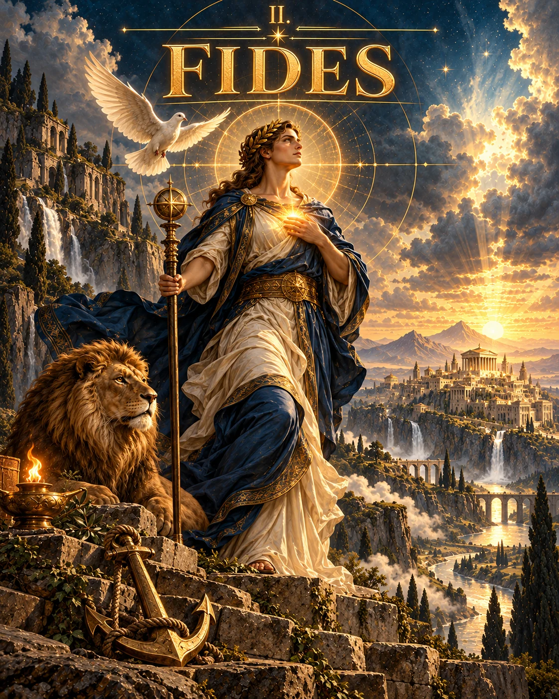 Fehér és kék ruhás allegorikus alak, galamb, oroszlán, napfény és a Fides felirat.