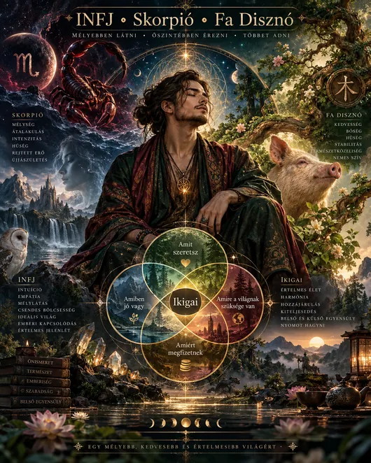 Sötét fantasy tájon meditáló férfialak skorpióval, fával és ikigai ábrával.